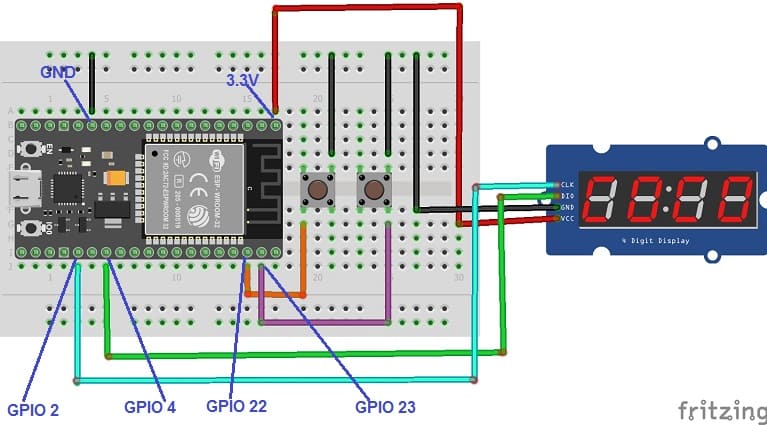 Schéma de câblage de la carte ESP32 avec l'afficheur TM1637 et les boutons poussoirs