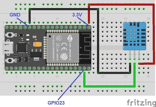 ESP32 board wiring diagram with DHT11 sensor