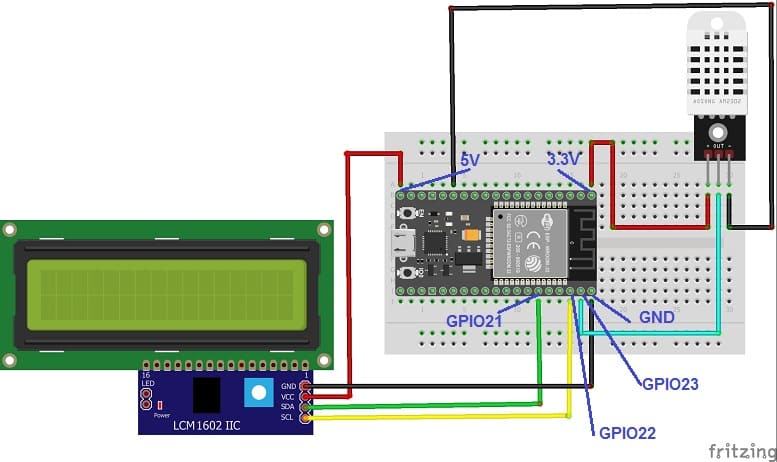 مخطط الأسلاك للوحة ESP32 مع مستشعر DHT22 وشاشة I2C LCD