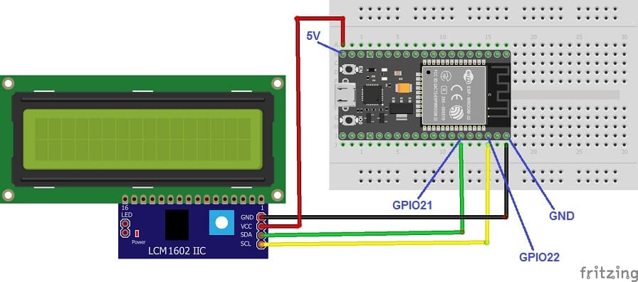ESP32 board wiring diagram with LCD I2C 1602 display