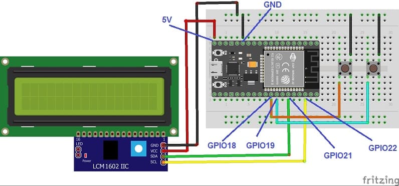 Mounting the ESP32 board with the LCD I2C 1602 display and push buttons