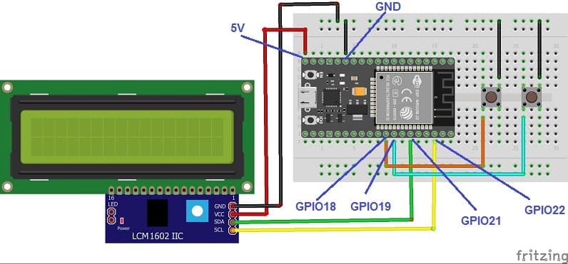 ربط لوحة ESP32 مع شاشة LCD I2C 1602 و زري ضغط