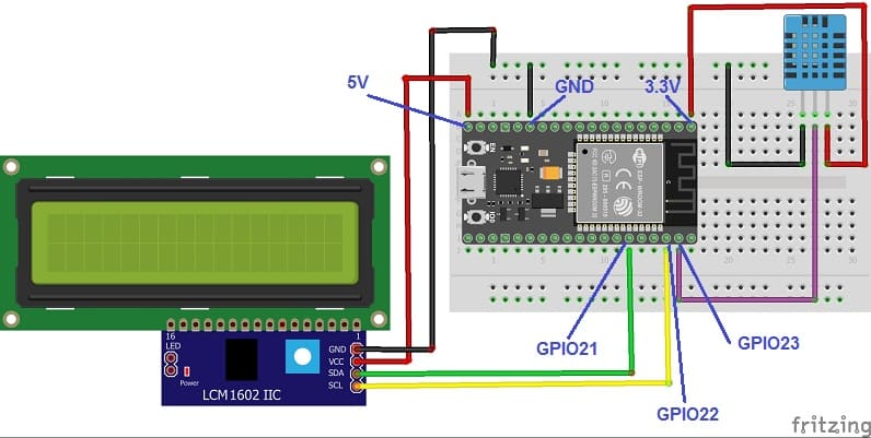 مخطط الأسلاك للوحة ESP32 مع مستشعر DHT11 وشاشة I2C LCD