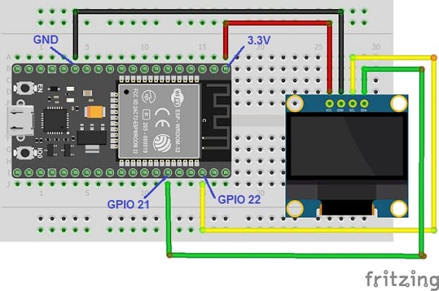 ESP32 board wiring diagram with SSD1306 display