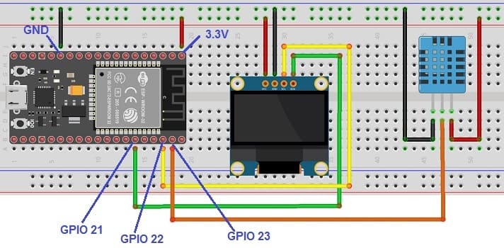 Mounting the ESP32 board with the DHT11 sensor and the SSD1306 display