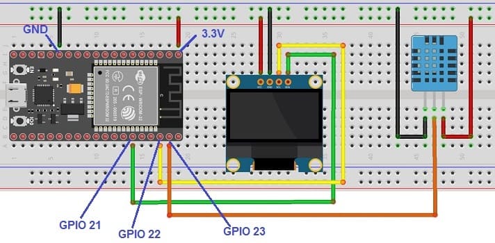 مخطط الأسلاك للوحة ESP32 مع مستشعر DHT11 و شاشة SSD1306