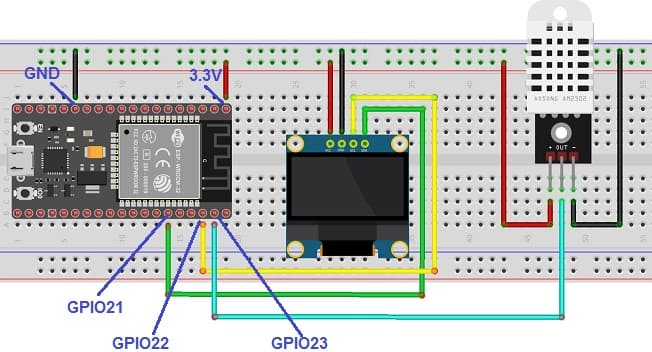 مخطط الأسلاك للوحة ESP32 مع مستشعر DHT22 و شاشة SSD1306