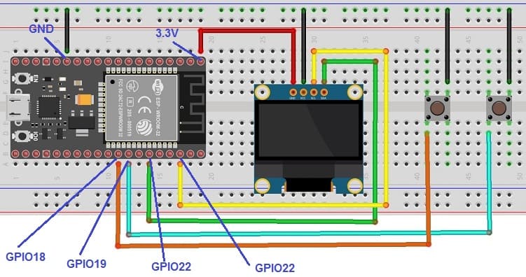 ربط لوحة ESP32 مع شاشة SSD1306 و زري ضغط