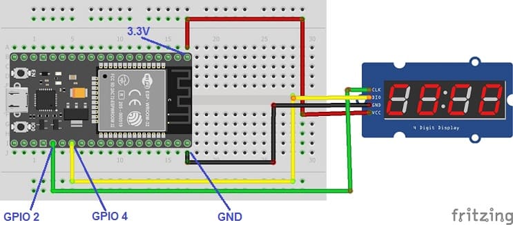 مخطط توصيلات لوحة ESP32 مع شاشة TM1637