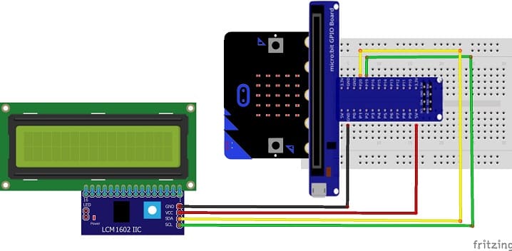Micro:bit board wiring diagram with LCD I2C 1602 display