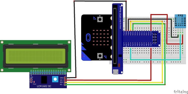 Schéma de câblage de la carte Micro:bit avec le capteur DHT11 et l'afficheur LCD I2C
