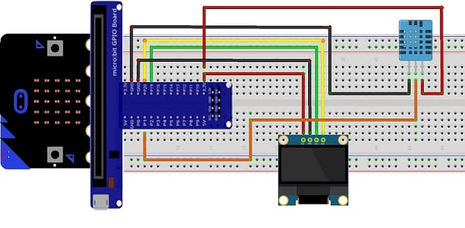 مخطط الأسلاك للوحة المايكروبيت مع مستشعر DHT11 و شاشة SSD1306