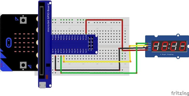 Micro:bit board wiring diagram with TM1637 display