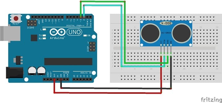 مخطط الأسلاك للوحة الأردوينو مع مستشعر HC-SR04