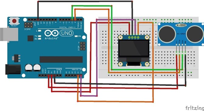 Montage de la carte Arduino UNO avec le capteur HC-SR04 et l'afficheur SSD1306