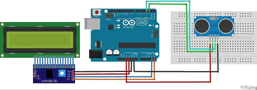 Schéma de câblage de la carte Arduino UNO avec le capteur HC-SR04 et l'afficheur LCD I2C