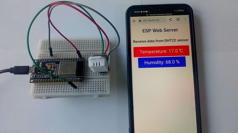 مخطط الأسلاك للوحة ESP32 مع مستشعر DHT22