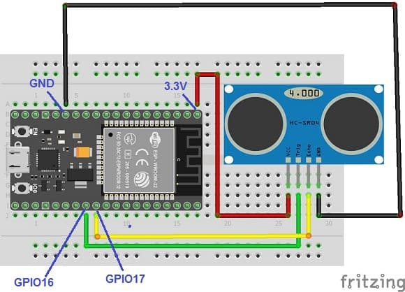 مخطط الأسلاك للوحة ESP32 مع مستشعر HC-SR04 