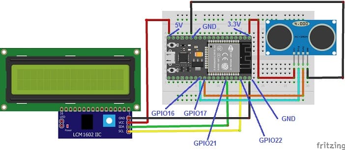 مخطط الأسلاك للوحة ESP32 مع مستشعر HC-SR04 وشاشة I2C LCD