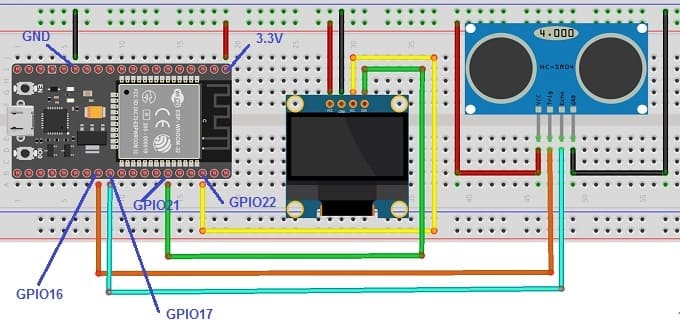 مخطط الأسلاك للوحة ESP32 مع مستشعر HC-SR04 وشاشة SSD1306