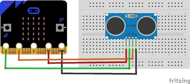 مخطط الأسلاك للوحة المايكروبيت مع مستشعر HC-SR04