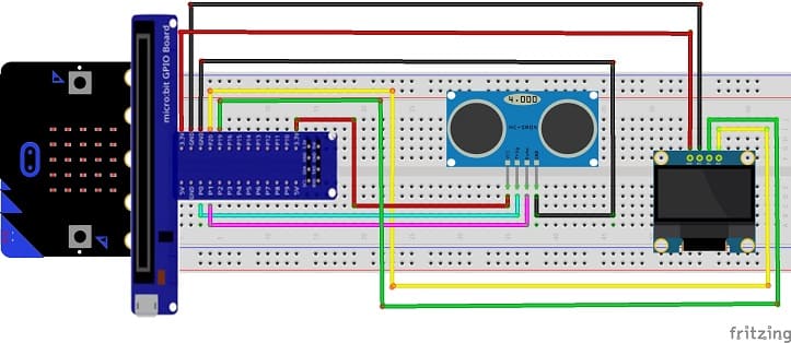 مخطط الأسلاك لبطاقة المايكروبيت مع مستشعر HC-SR04 وشاشة SSD1306