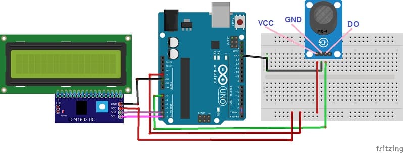 Montage de la carte Arduino avec le capteur MQ-4 et l'afficheur LCD