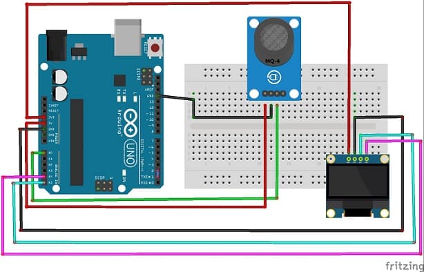 تركيب لوحة الاردوينو باستخدام المستشعر MQ-4 وشاشة SSD1306