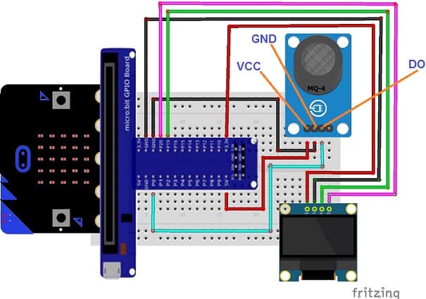 تركيب لوحة المايكروبيت مع المستشعر MQ-4 وشاشة SSD1306