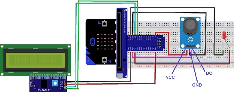 Mounting Micro:bit with MQ-4 sensor, LED, Buzzer and LCD screen