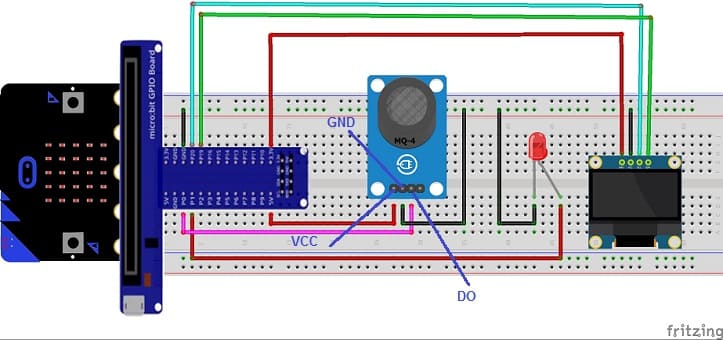 نظام إنذار تسرب الغاز يعتمد على لوحة المايكروبيت ومستشعر MQ-4 وشاشة SSD1306